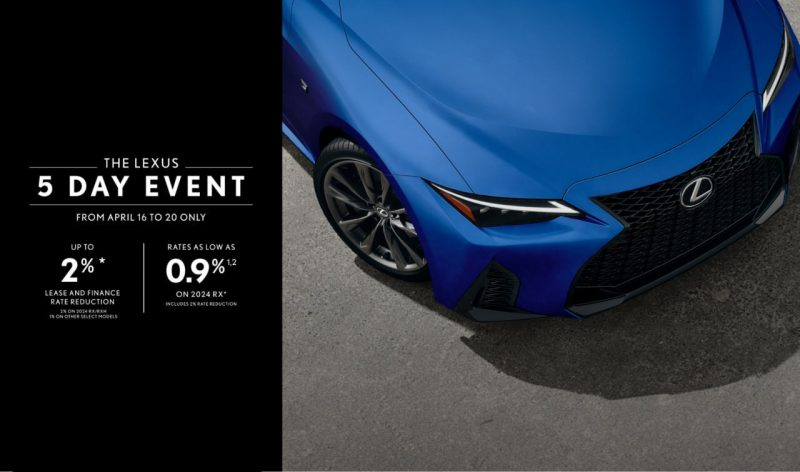 The Lexus 5-day event promo with a picture of a blue Lexus vehicle.