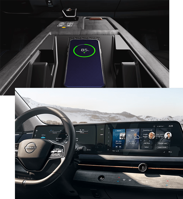 Wireless charger on centre console and large infotainment display on a Nissan Ariya